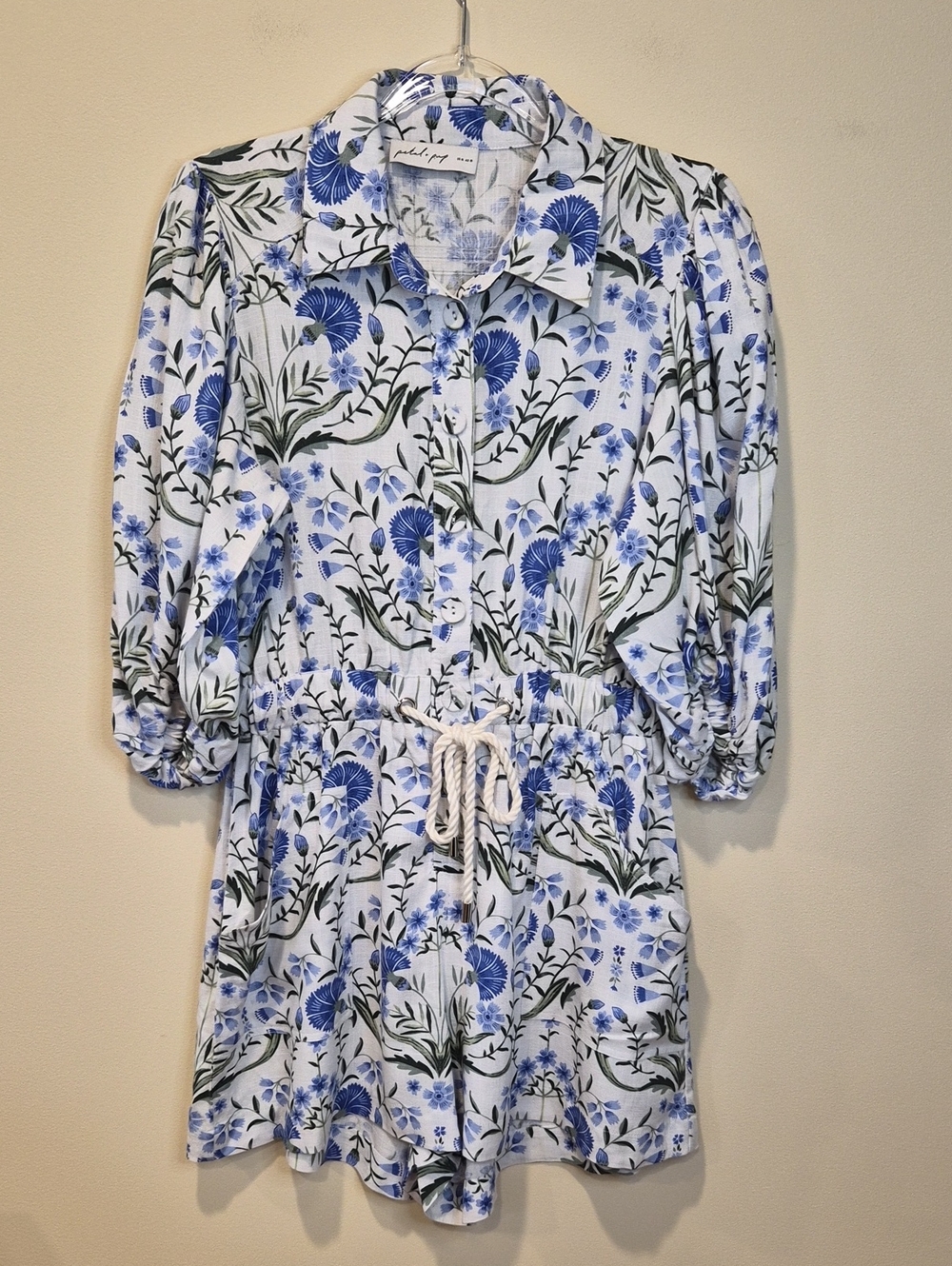 Petal & Pup Linen Blend Blue and White Floral Romper.